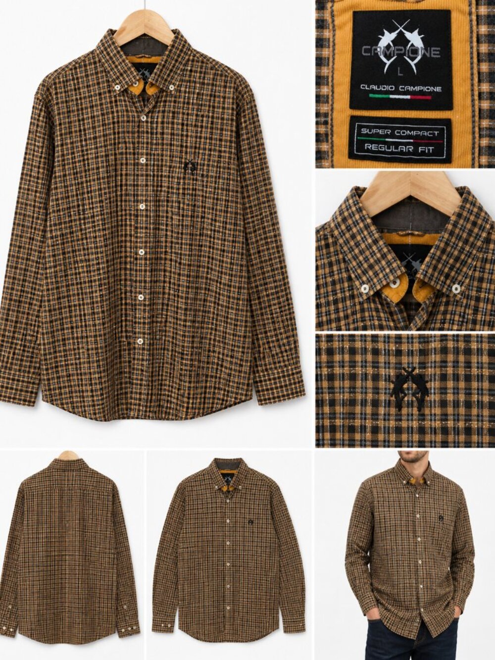 Campione Claudio Campione Button-Up Shirt L Plaid Brown Italian Style Regular Fi